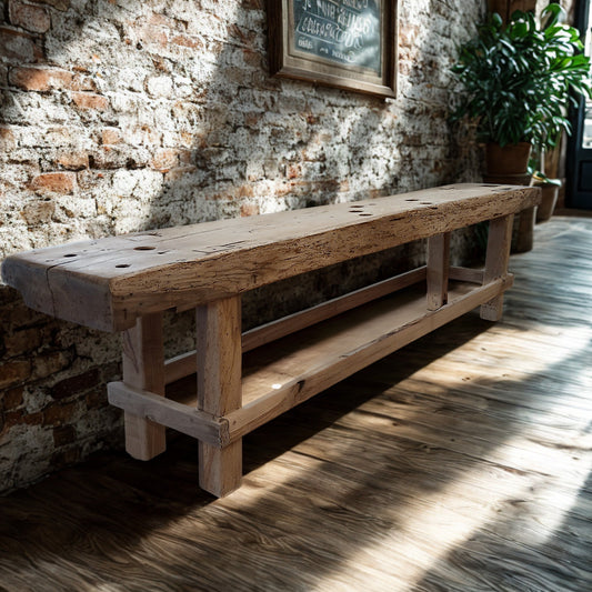Reclaimed carpenter's workbench recreated into an entryway/console table in solid oak with teak papillon joins set in a  New York Loft Style grand entrance hall.