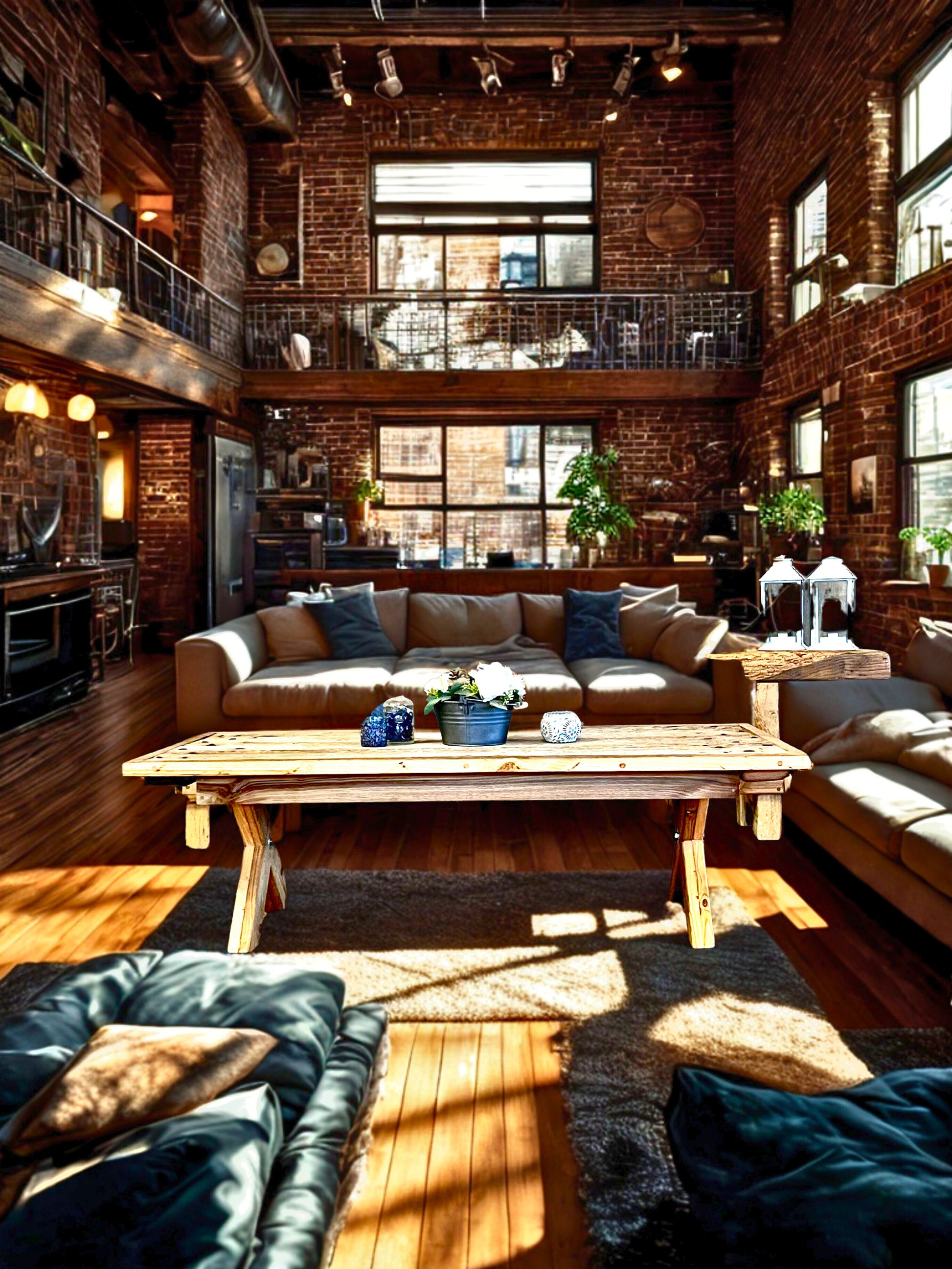 Handcrafted solid French Oak coffee table using reclaimed wood and recycled materials, set in a New-York Loft style living room with parquet flooring, large window space and industrial furniture.