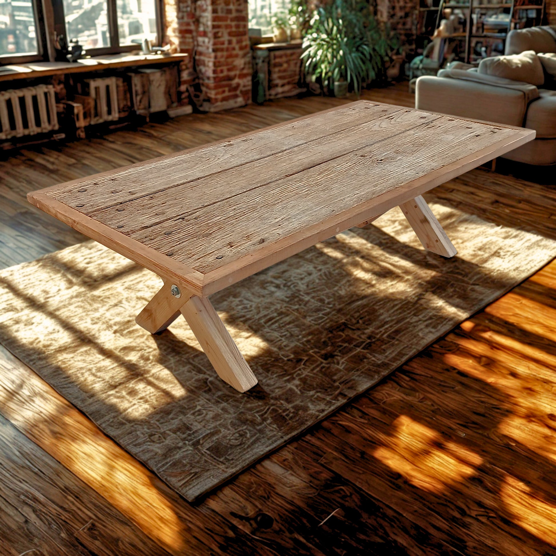 Handcrafted solid French Oak coffee table using reclaimed wood and recycled materials, set in a New York Loft living room with parquet floor, a neutral design rug and natural lighting.