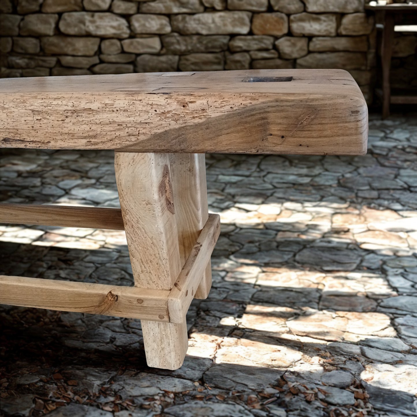 Reclaimed carpenter’s workbench, reimagined into a rustic entryway or console table in solid oak with teak butterfly joins. Perfect for a Mediterranean-inspired home or a covered outdoor dining space.