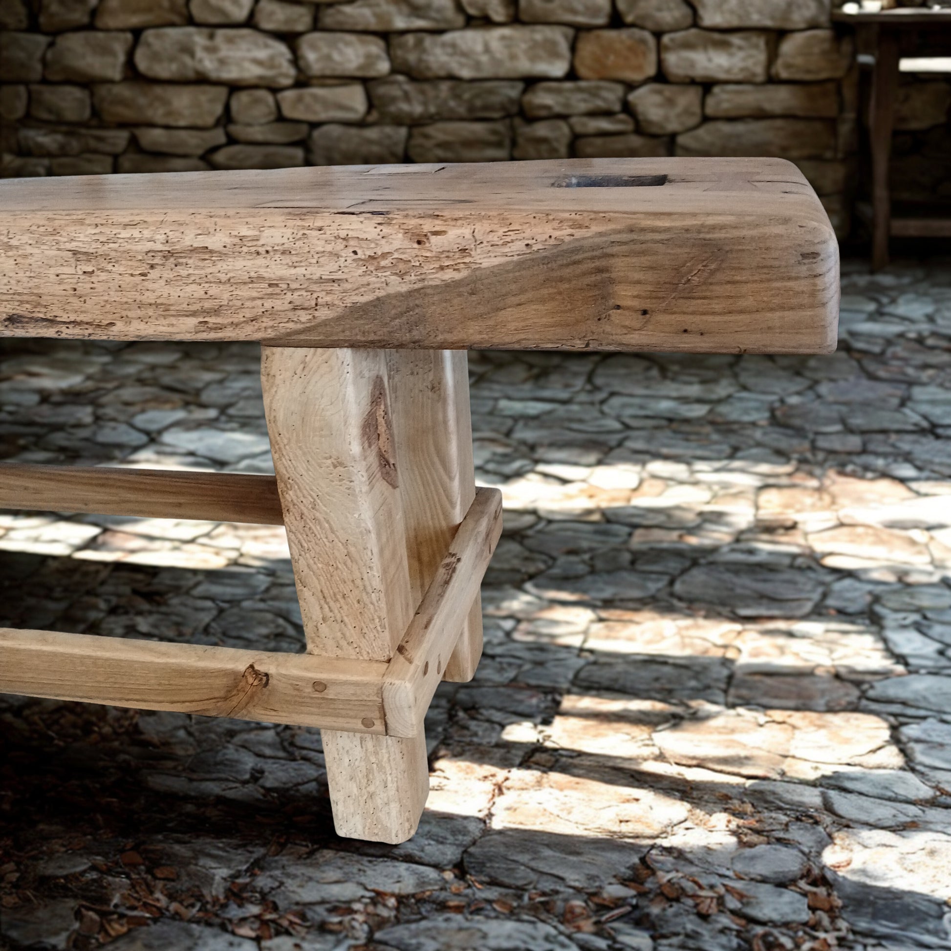 Reclaimed carpenter’s workbench, reimagined into a rustic entryway or console table in solid oak with teak butterfly joins. Perfect for a Mediterranean-inspired home or a covered outdoor dining space.