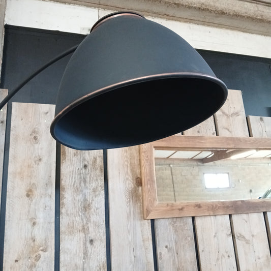 Angoulême industrial floor lamp with reclaimed aluminium shade in copper and satin black, styled with Boëme XL rustic oak mirror and scaffolding planks, handmade in France.